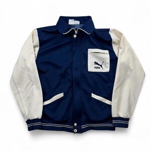 Vintage 1980s Puma Track Jacket Navy Cream Colorblock Zip Collared Sz M